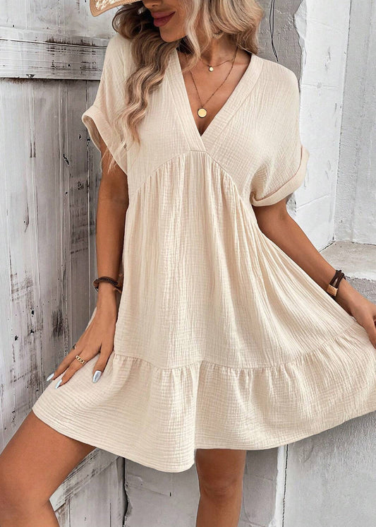 Cotton Neck Vacation Patchwork Beige Summer Dress V
