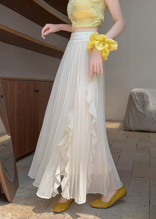 Beige Solid Summer Waist Elastic Skirts Wrinkled