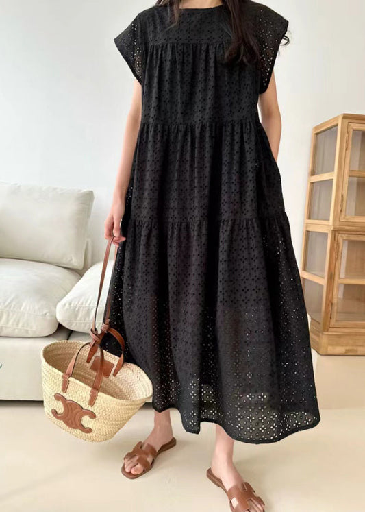Out Cotton Dresses Black Hollow Summer Embroidered