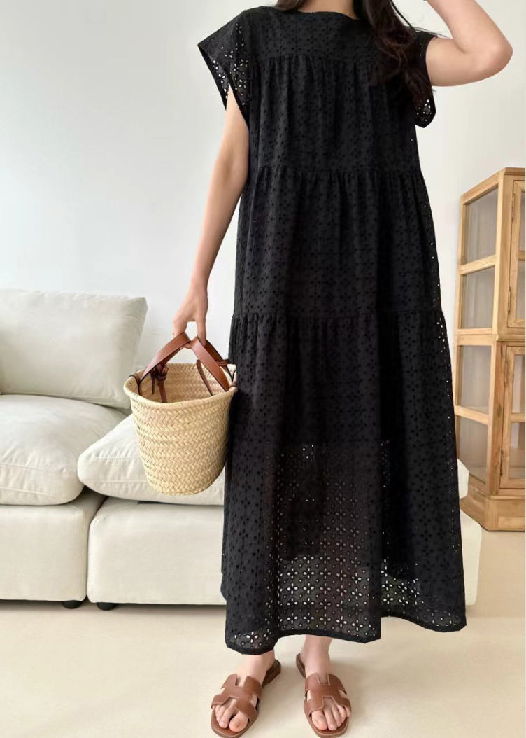 Out Cotton Dresses Black Hollow Summer Embroidered