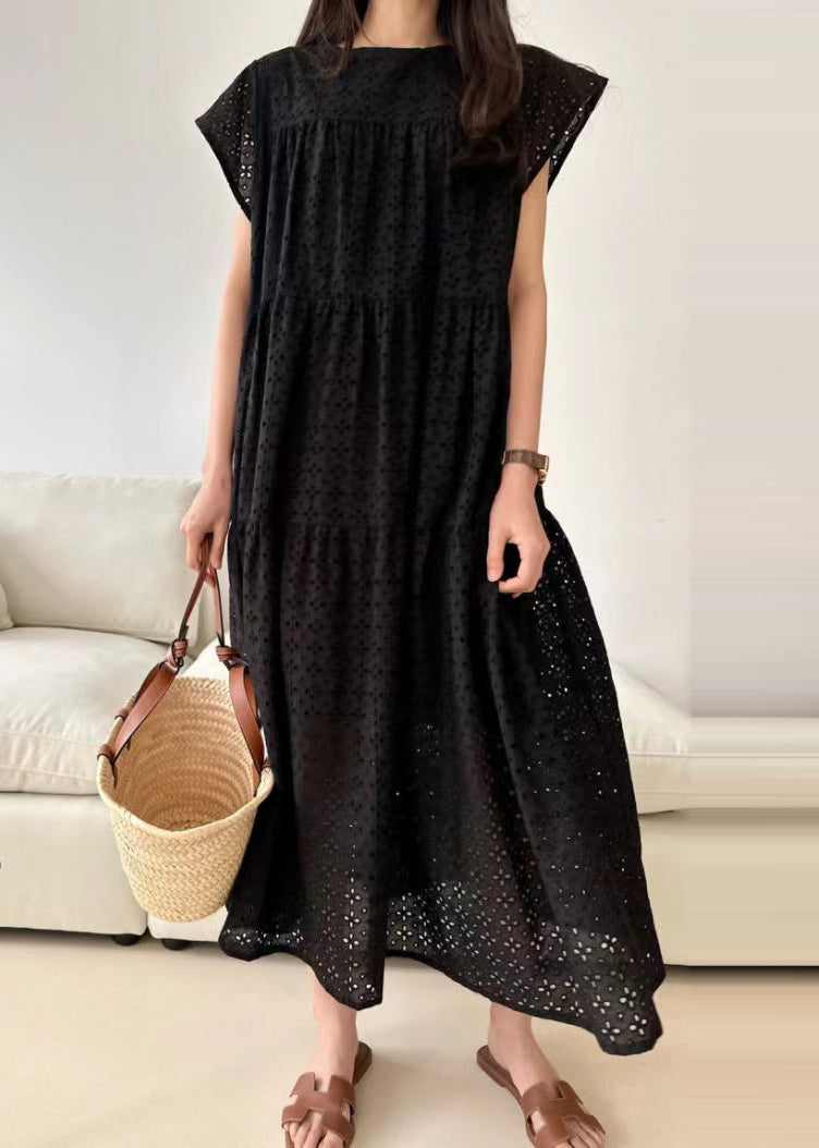 Out Cotton Dresses Black Hollow Summer Embroidered