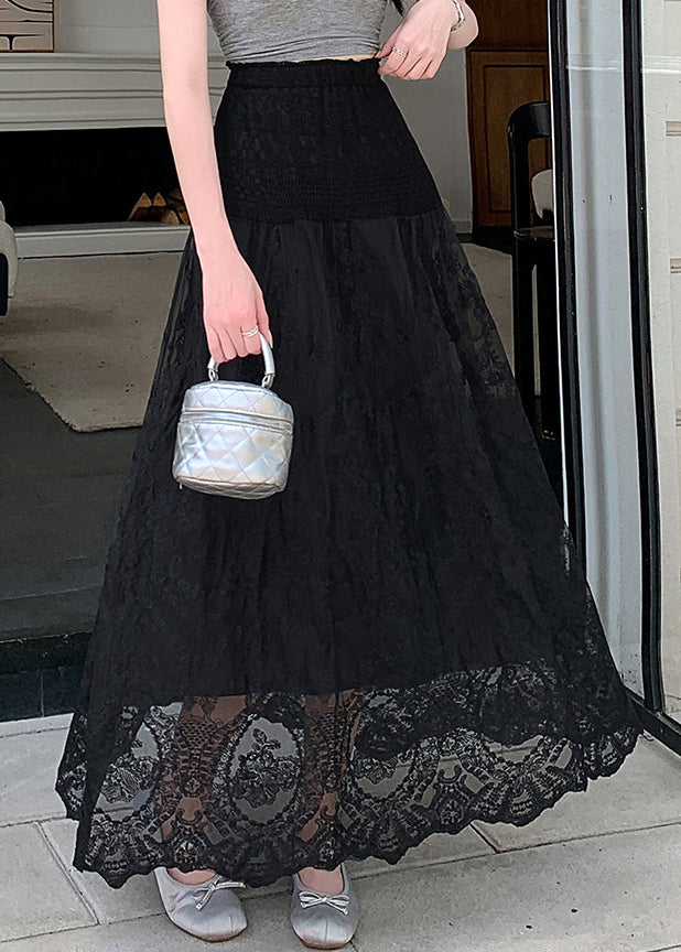 Tulle Summer Black Lace Out Hollow Waist Elastic Skirts