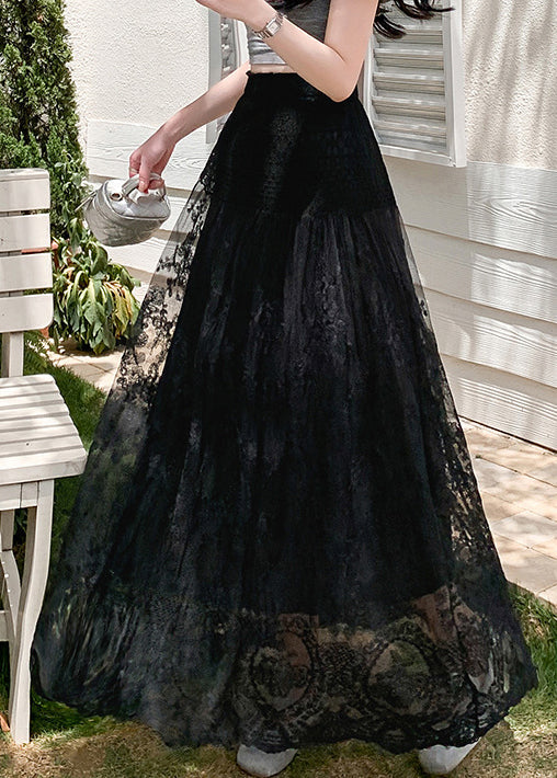 Tulle Summer Black Lace Out Hollow Waist Elastic Skirts