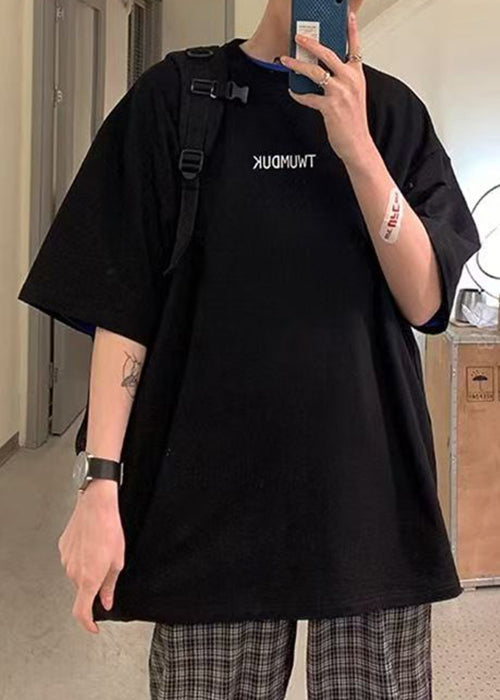 Sleeve Black Letter Men Shirts Neck T Short Cotton O Loose