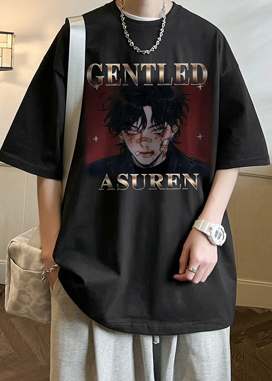 Black Print Letter Mens O Neck Loose Cotton T Shirts Summer