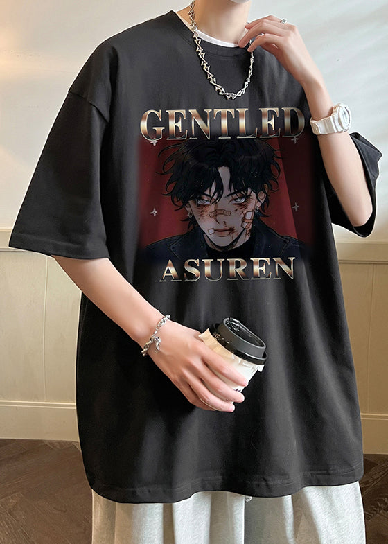 Black Print Letter Mens O Neck Loose Cotton T Shirts Summer