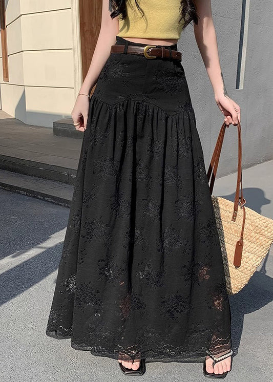 Pockets Wrinkled Black Skirts Summer Waist High Lace