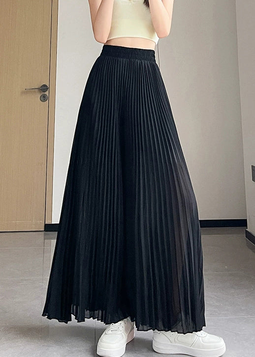 Summer Leg Pants Elastic Chiffon Wide Waist Solid Black