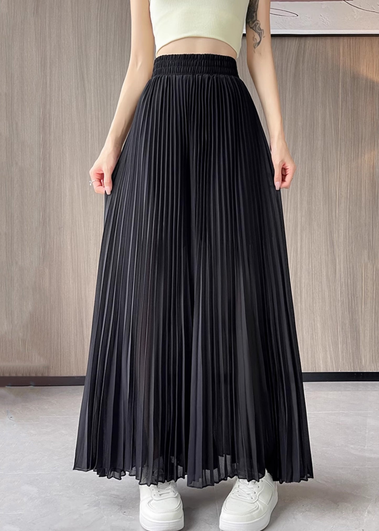 Summer Leg Pants Elastic Chiffon Wide Waist Solid Black