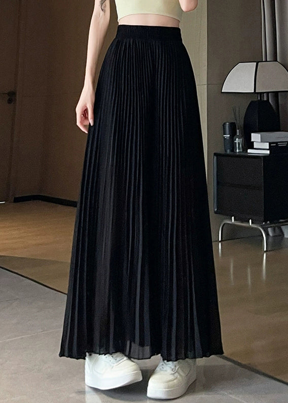 Summer Leg Pants Elastic Chiffon Wide Waist Solid Black