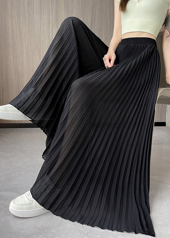 Summer Leg Pants Elastic Chiffon Wide Waist Solid Black