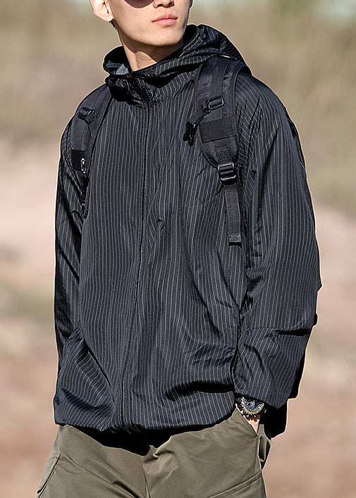Zippered Ice Men Hooded Silk Thin Striped Coat Black