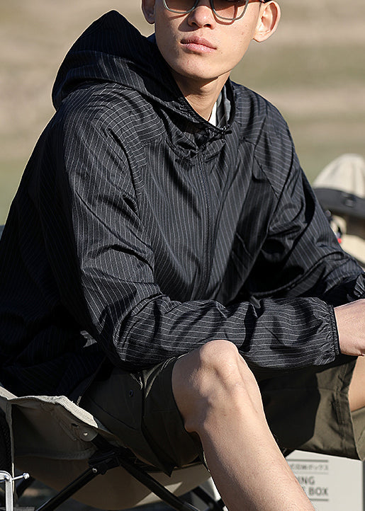 Zippered Ice Men Hooded Silk Thin Striped Coat Black