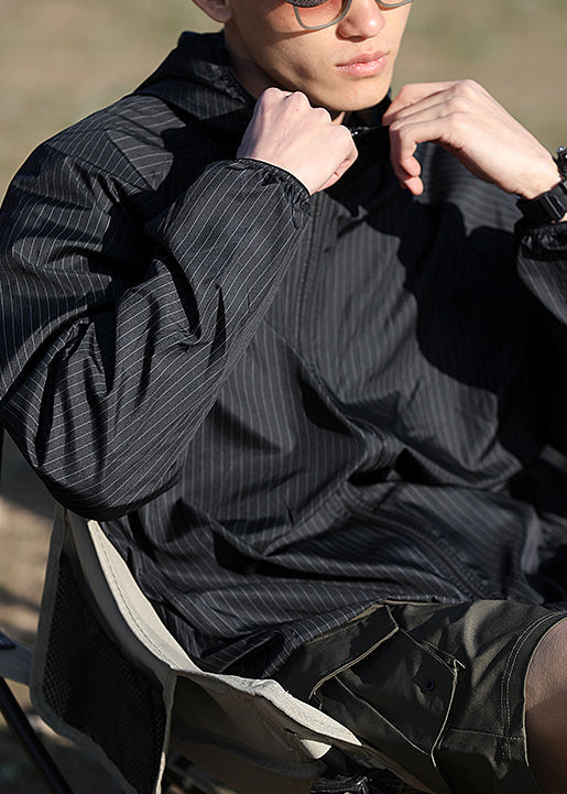 Zippered Ice Men Hooded Silk Thin Striped Coat Black