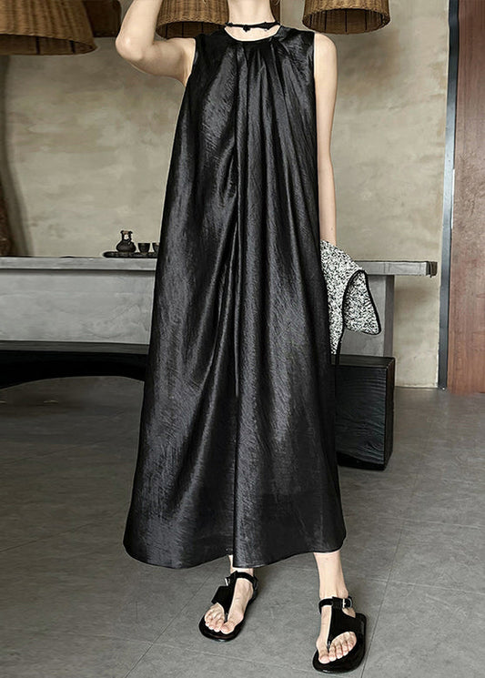 O Wrinkled Silk Long Black Dress Neck Summer