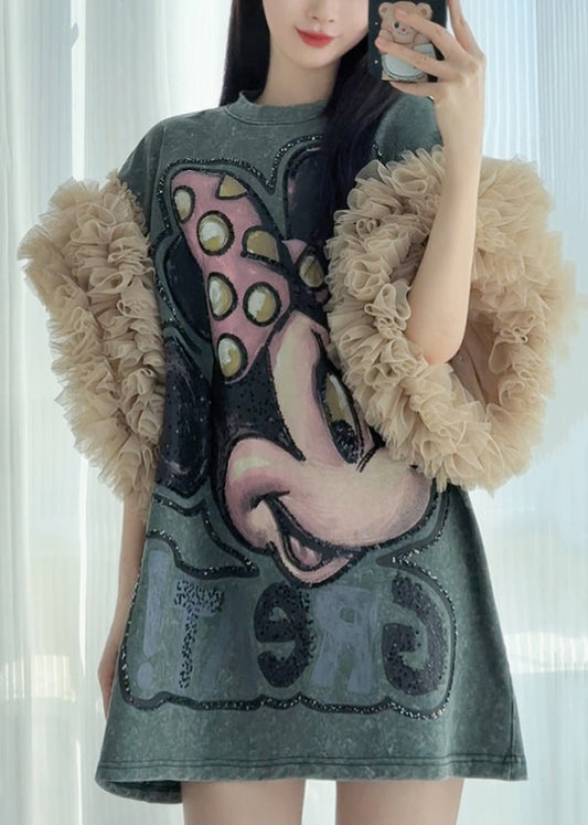 Print Patchwork Dress Tulle Summer Blackish Shirt Ruffled Green T