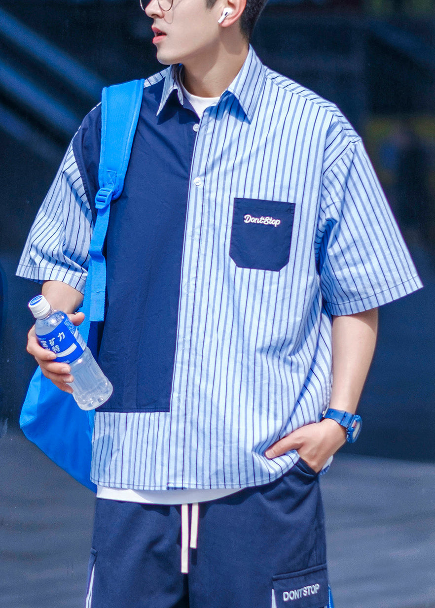 Pockets Asymmetrical Summer Men Cotton Shirts Blue Button