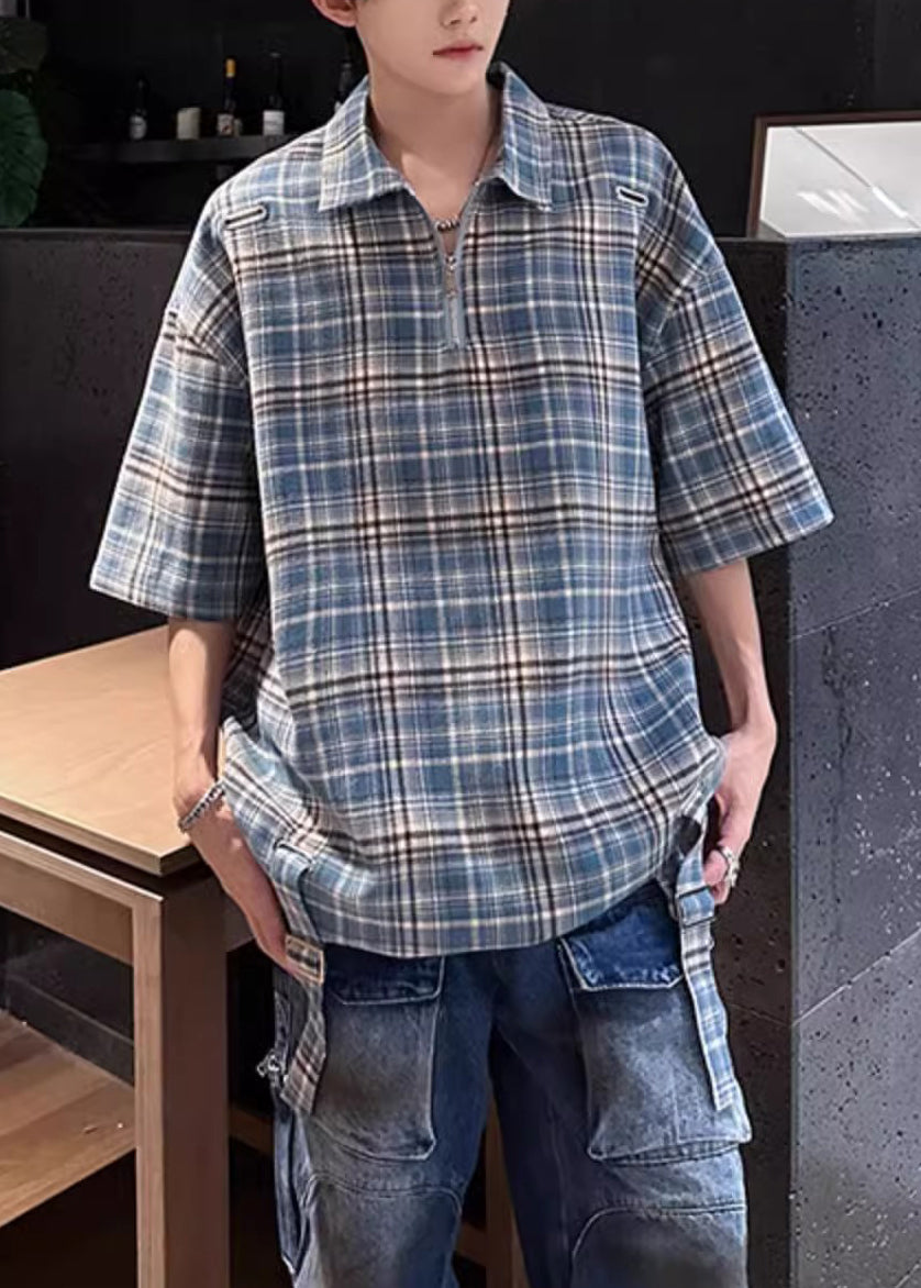 Summer Blue Shirts Peter Plaid Up Cotton Collar Zip Pan Men