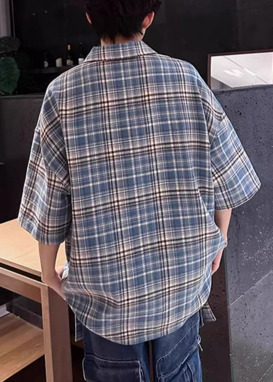 Summer Blue Shirts Peter Plaid Up Cotton Collar Zip Pan Men