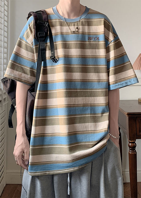 Summer Neck Cotton T O Letter Blue Striped Men Shirts