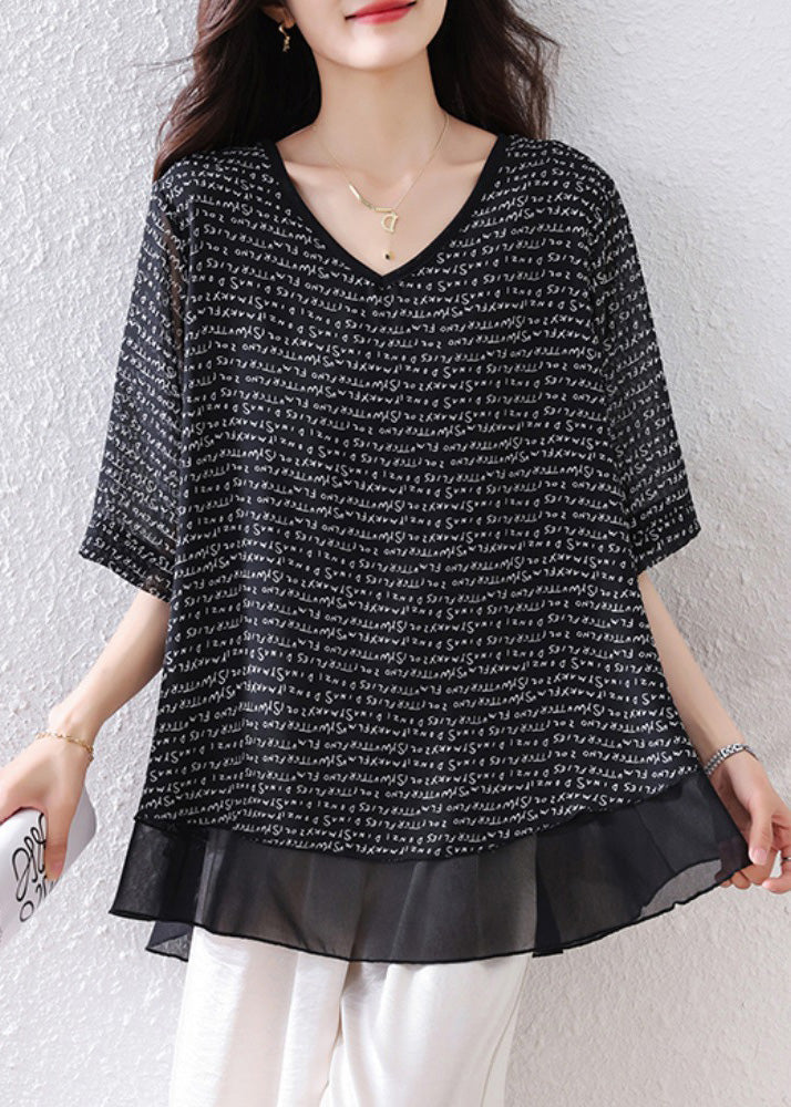 Patchwork Black Oversized Summer Tops Bohemian Chiffon