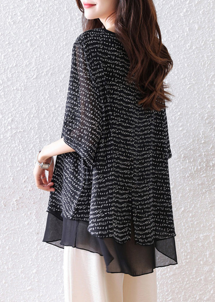 Patchwork Black Oversized Summer Tops Bohemian Chiffon