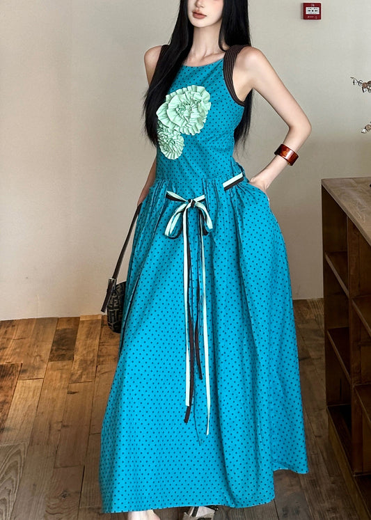 Tie Bohemian Flower Dress Blue Waist Cotton Decorated Sleeveless