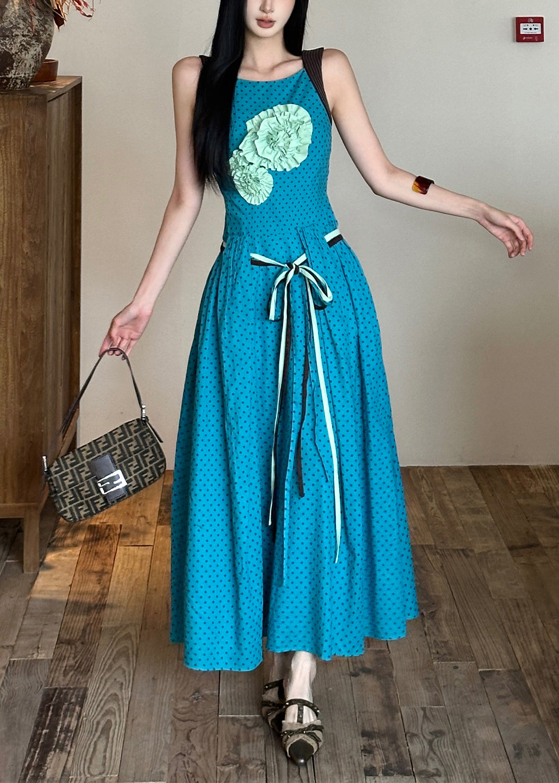 Tie Bohemian Flower Dress Blue Waist Cotton Decorated Sleeveless