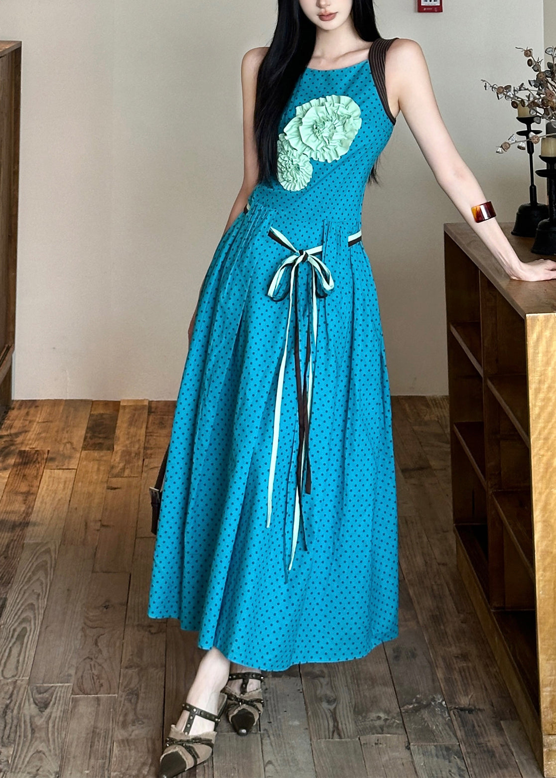 Tie Bohemian Flower Dress Blue Waist Cotton Decorated Sleeveless