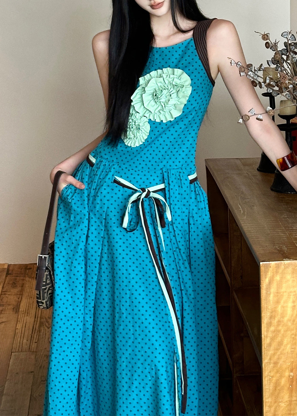Tie Bohemian Flower Dress Blue Waist Cotton Decorated Sleeveless