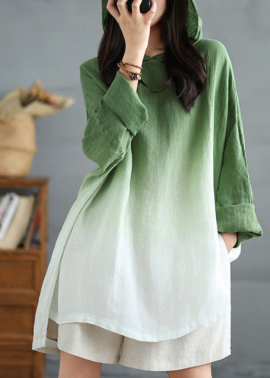 Green Bohemian Linen Hooded Gradient Loose Spring Sweatshirts