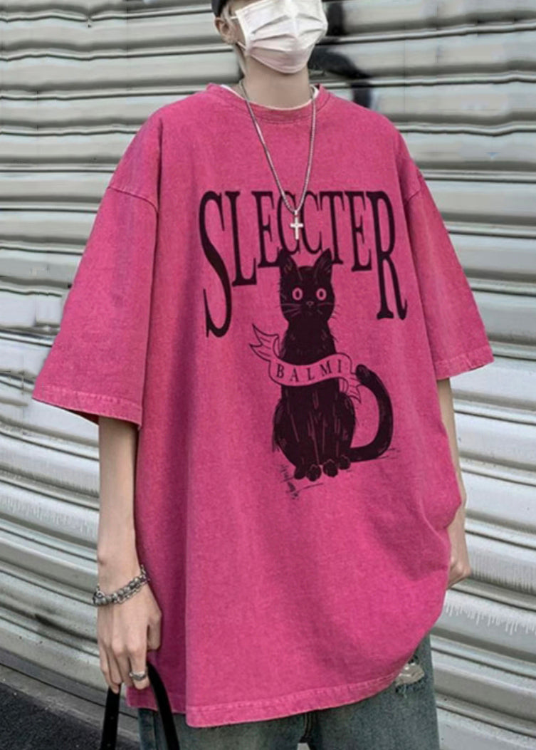 Oversized Bohemian Rose Cotton Cats T Shirt Mens Letter Half