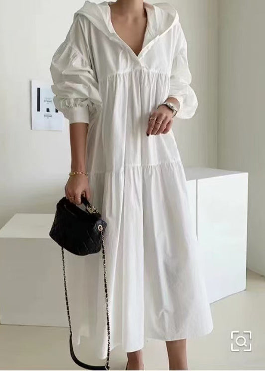 White Cotton Dresses Oversized Bohemian Lantern Hooded Maxi