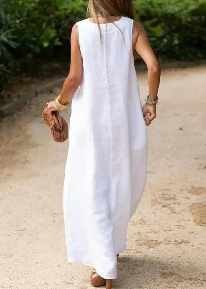 Bohemian White V Neck Cotton A Line Dress Sleeveless TL013