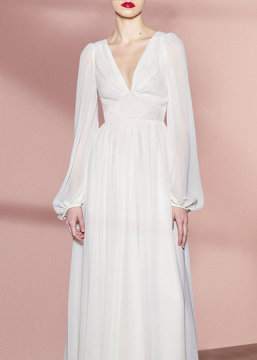 Bohemian White V Neck High Waist Solid Chiffon Holiday Dress Fall QR035