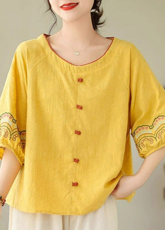 Bohemian Half Sleeve Shirt Embroidered Yellow
