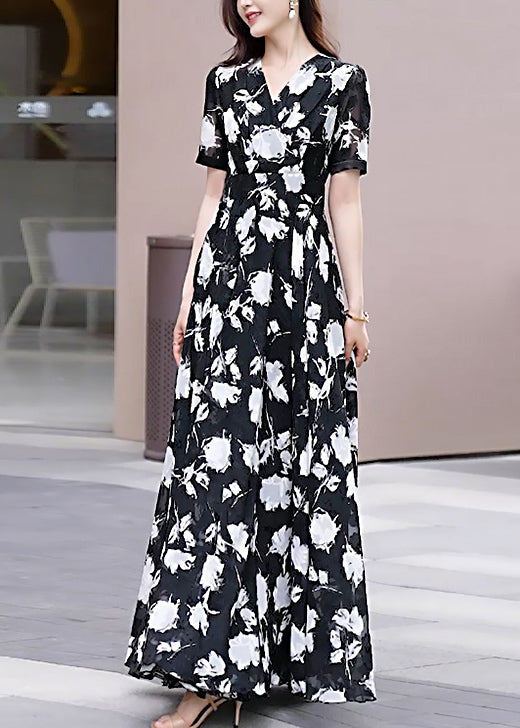 Neck Chiffon Black Boho Long Dress Summer V Print