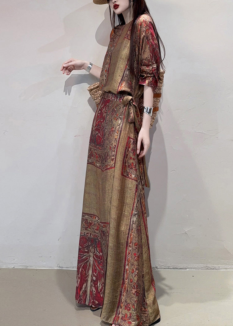 Holiday Coffee Summer Linen Boho Print Dress Cinched