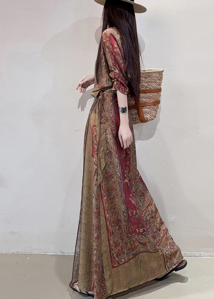 Holiday Coffee Summer Linen Boho Print Dress Cinched