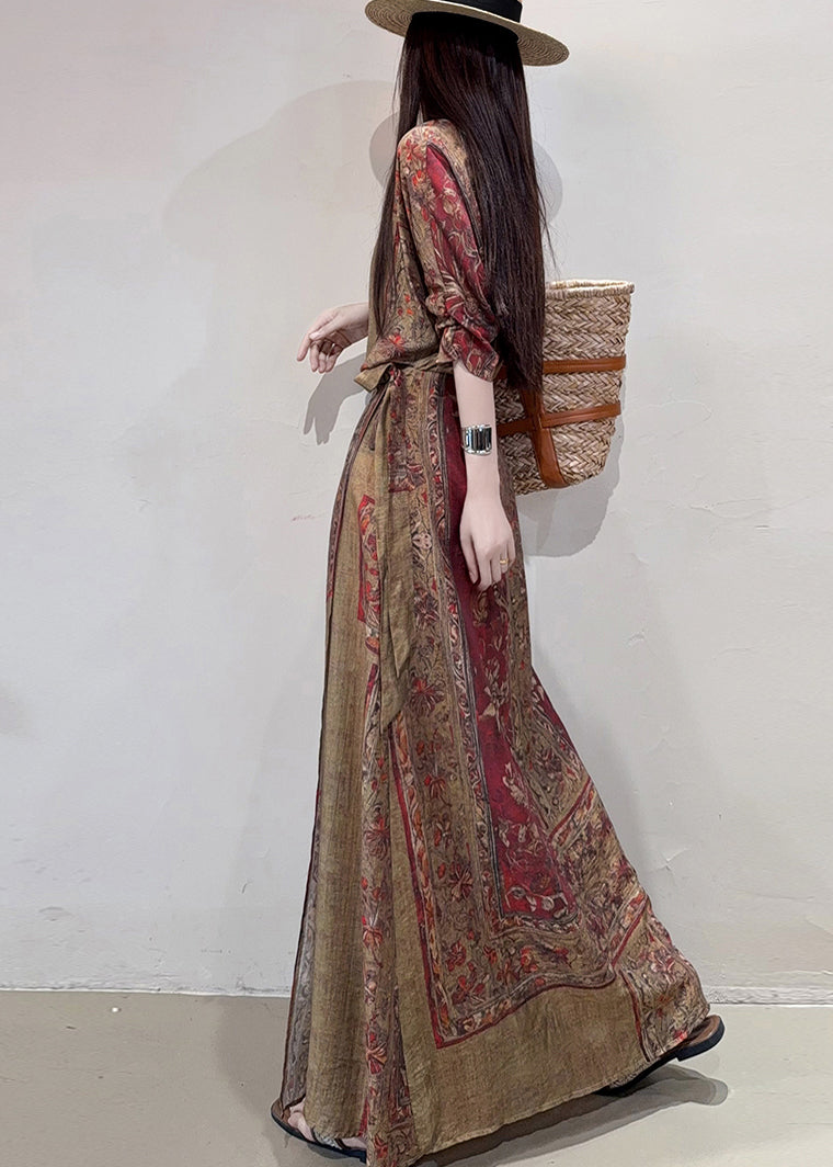 Holiday Coffee Summer Linen Boho Print Dress Cinched