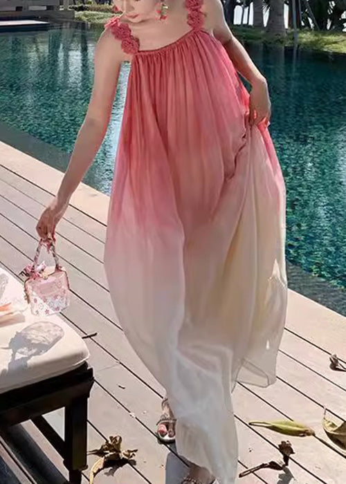Color Backless Gradient Strap Dress Wrinkled Spaghetti Boho