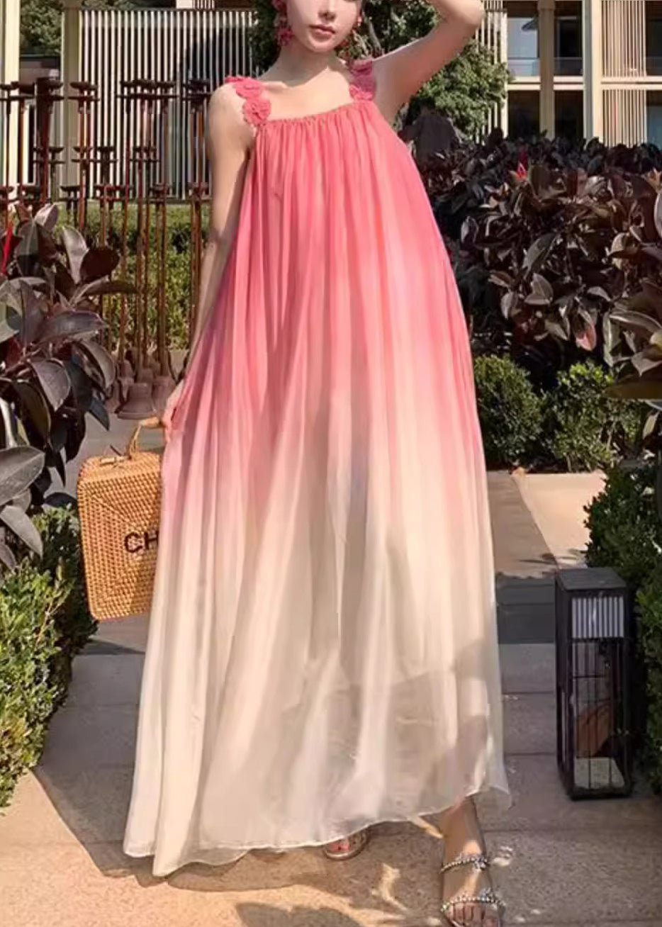 Color Backless Gradient Strap Dress Wrinkled Spaghetti Boho