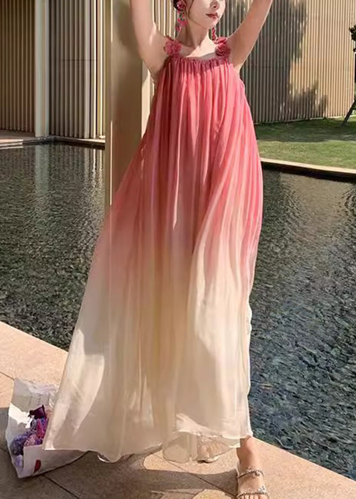 Color Backless Gradient Strap Dress Wrinkled Spaghetti Boho