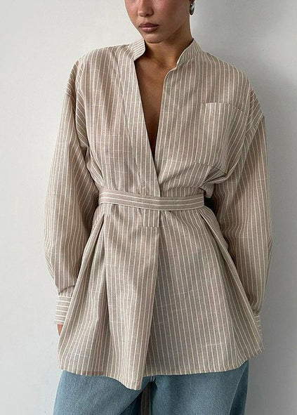 Khaki Fall Boho Striped Top Tunic Linen Shirt