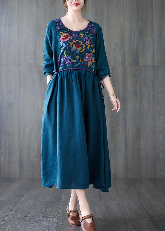 Boho Orange O Neck Embroidered Patchwork Cotton Dress Spring TZ045