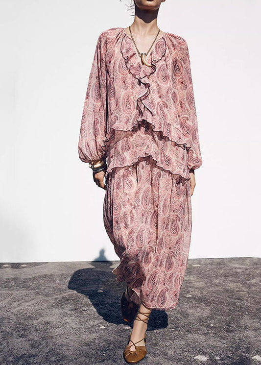 Neck V Pink Print Boho Dresses Ruffled Fall Chiffon