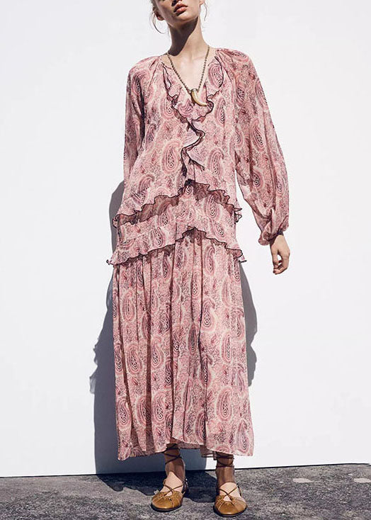 Neck V Pink Print Boho Dresses Ruffled Fall Chiffon