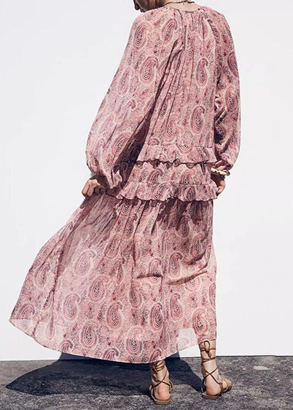 Neck V Pink Print Boho Dresses Ruffled Fall Chiffon