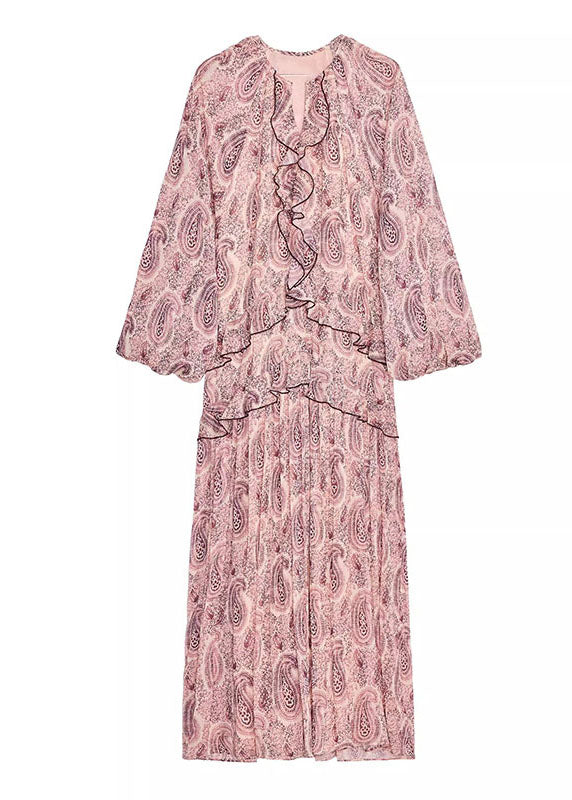 Neck V Pink Print Boho Dresses Ruffled Fall Chiffon