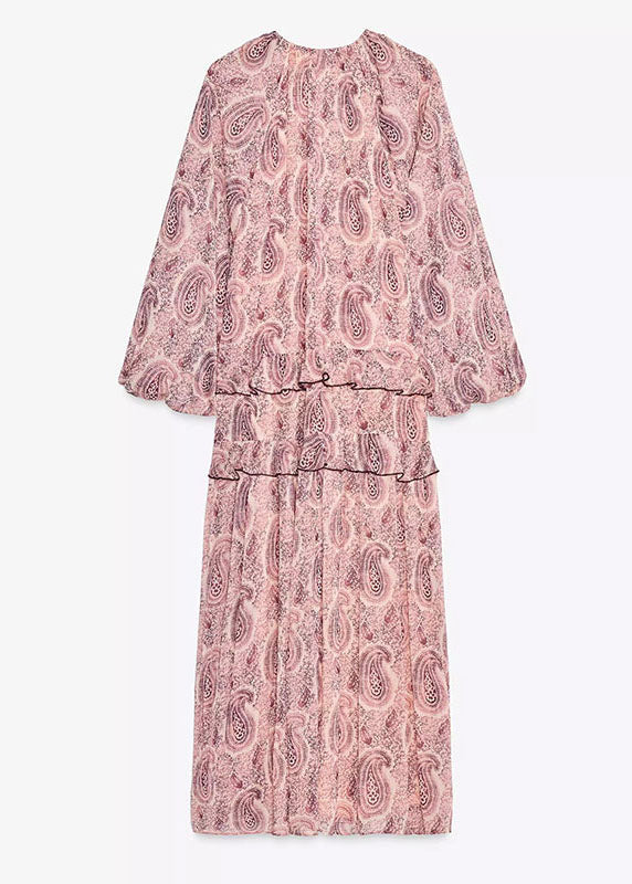 Neck V Pink Print Boho Dresses Ruffled Fall Chiffon
